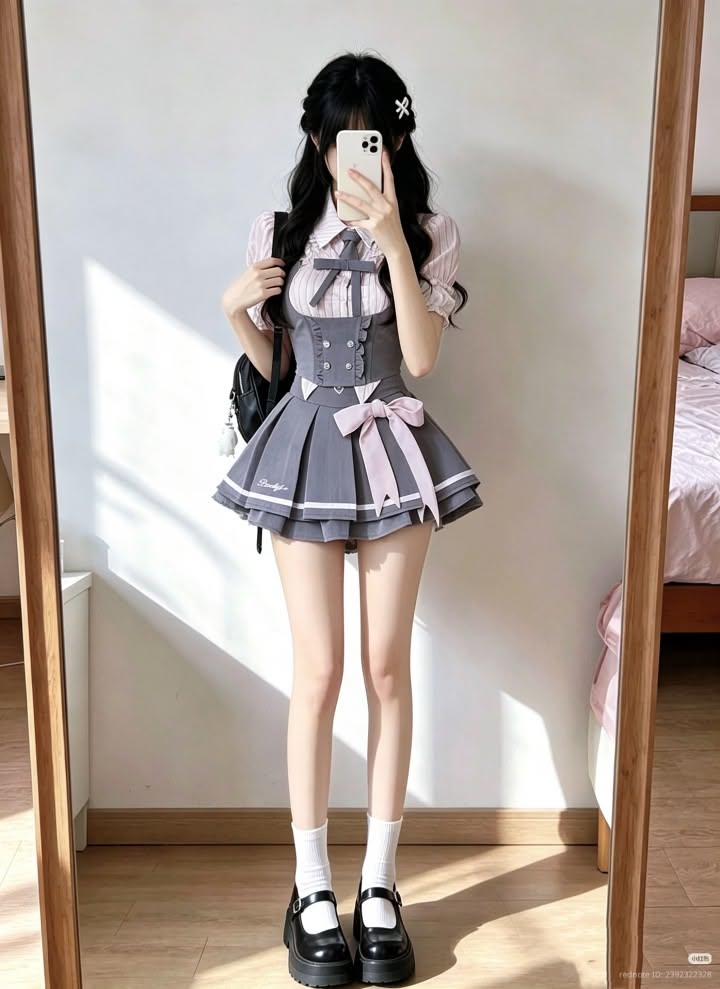 Person in a school uniform taking a mirror selfie indoors