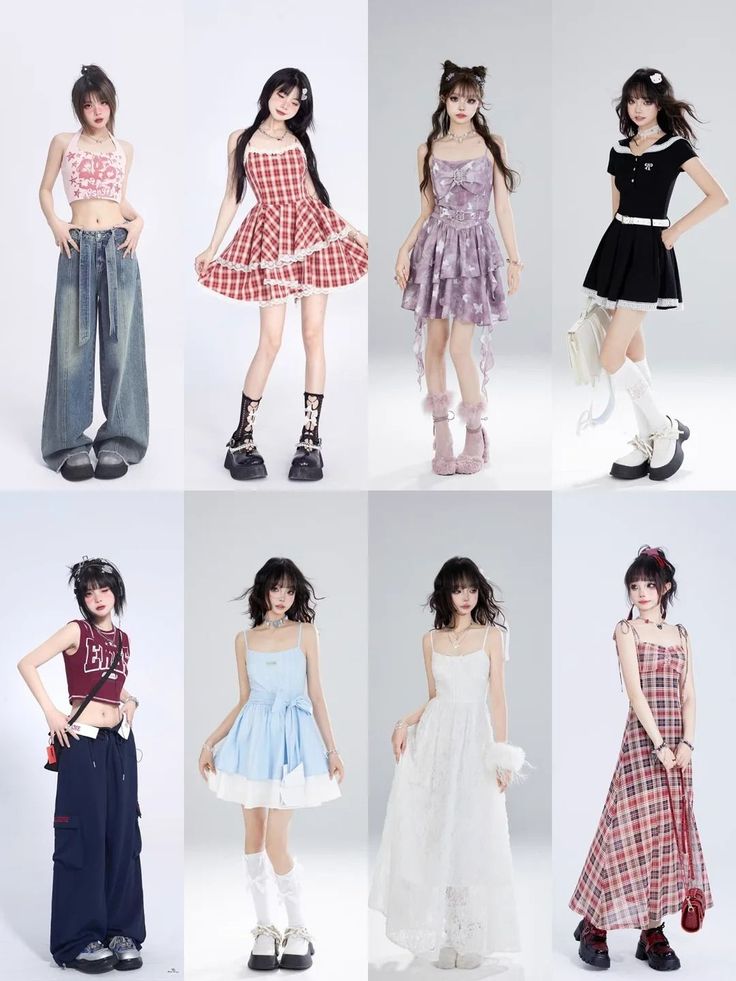Eight women modeling various fashion outfits, including dresses and casual wear