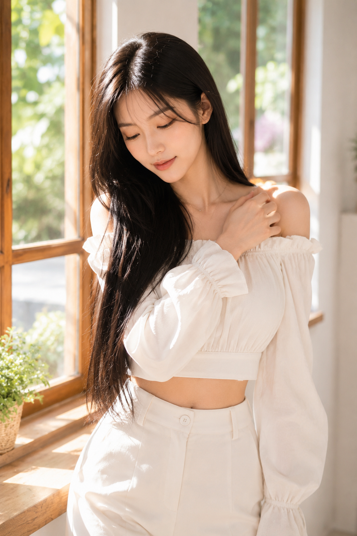 Woman with long black hair in an off-shoulder top and white pants indoors