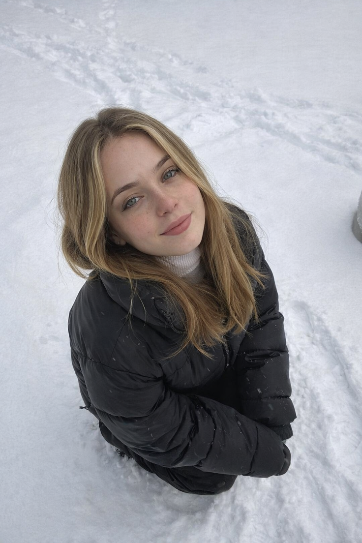 Young woman with blonde hair and freckles in a black puffer jacket in the snow