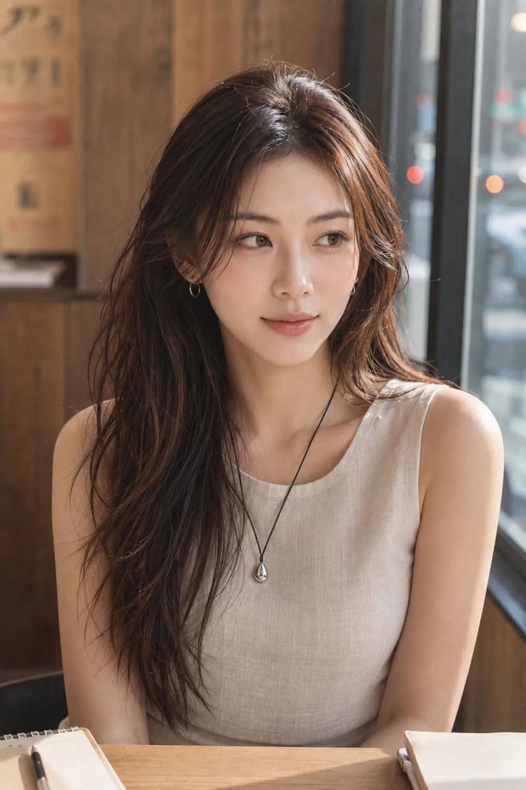 Woman with long brown hair wearing a sleeveless top and silver necklace indoors