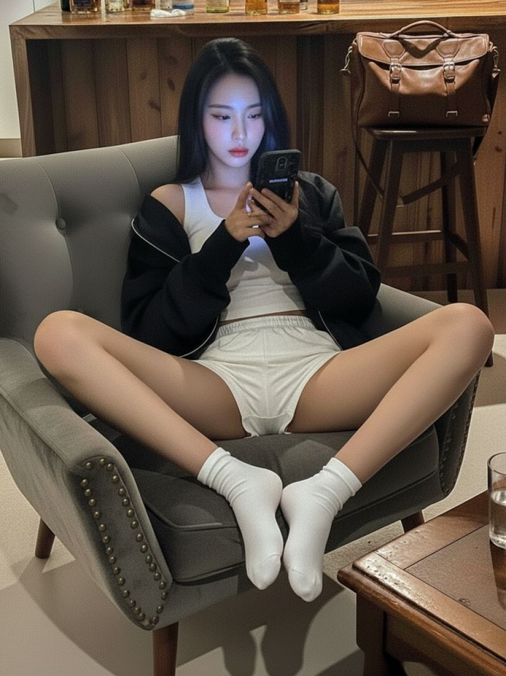 Woman in a white tank top and shorts sitting on a chair while looking at her phone
