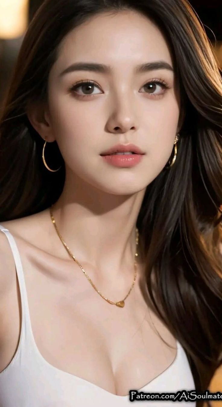 Woman with long dark hair wearing a white top and gold jewelry