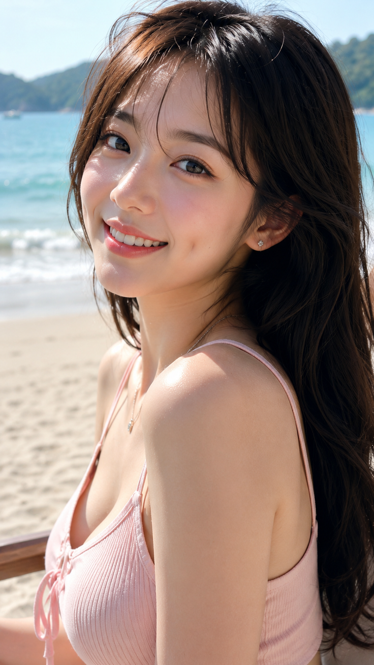 Woman with long hair and a pink top smiling on a sunny beach