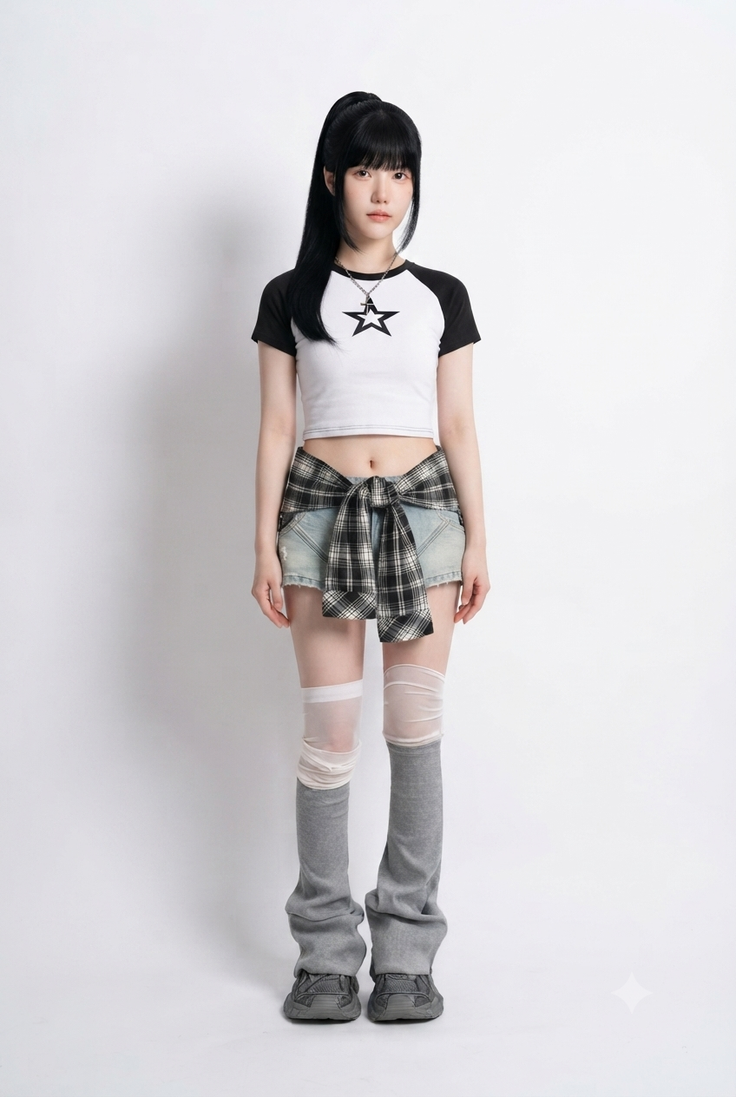 Woman with black hair in a ponytail wearing a crop top and denim shorts