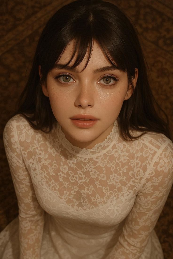 Woman with long dark hair and green eyes wearing a white lace dress