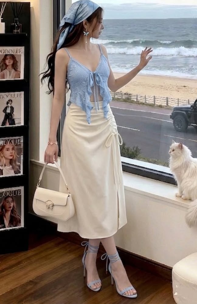 Woman in a blue top and white skirt looking out at the beach with a cat