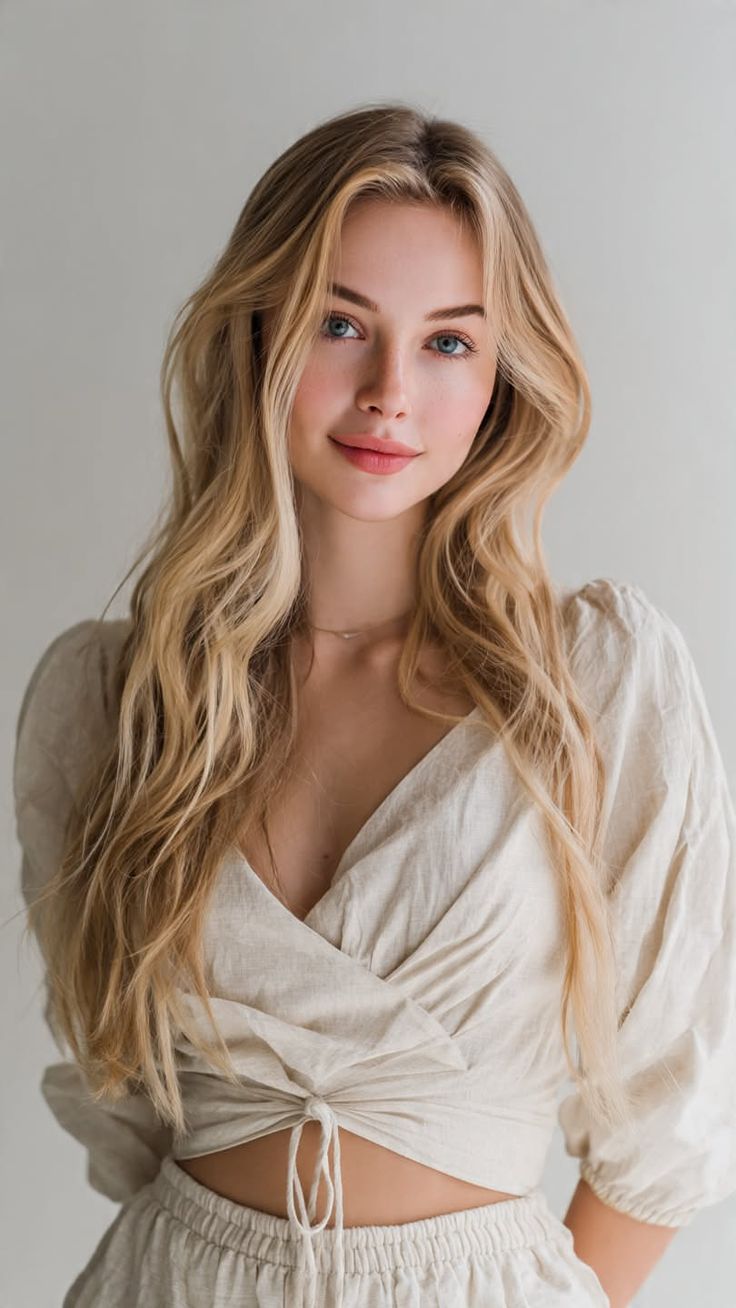 Blonde woman with blue eyes wearing a crop top with exposed midriff