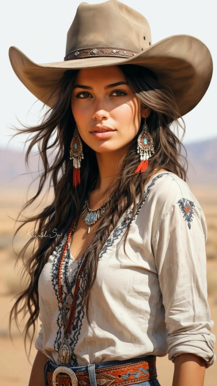 Woman in a cowboy hat and embroidered shirt in a desert landscape