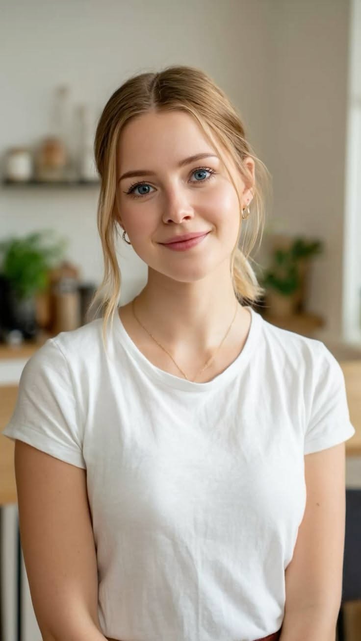 Blonde woman with blue eyes wearing a white t-shirt and gold jewelry indoors