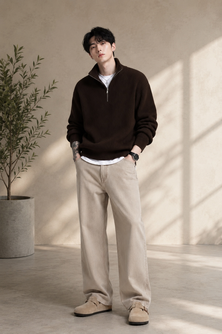 Man in a brown sweater and beige pants standing indoors with a plant