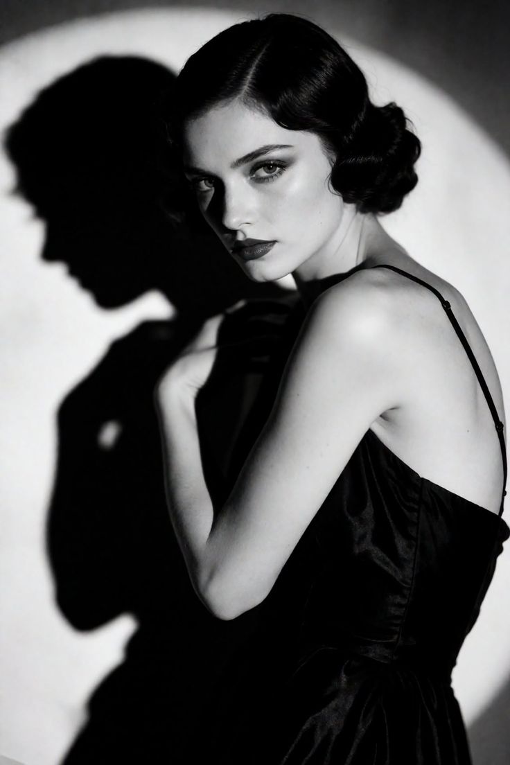Woman in a black dress with a vintage hairstyle in dramatic black and white lighting