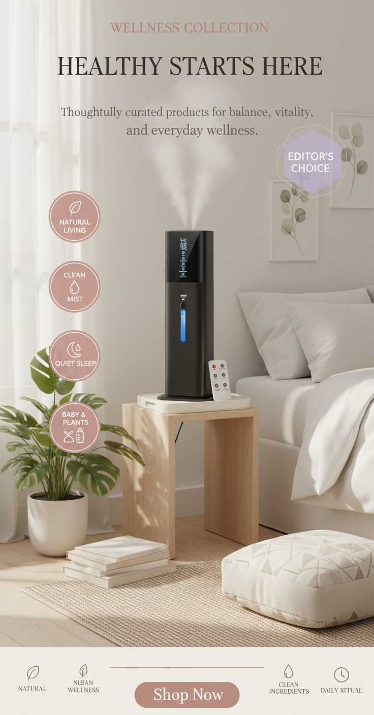 A bedroom scene with a humidifier on a nightstand next to a bed and a houseplant