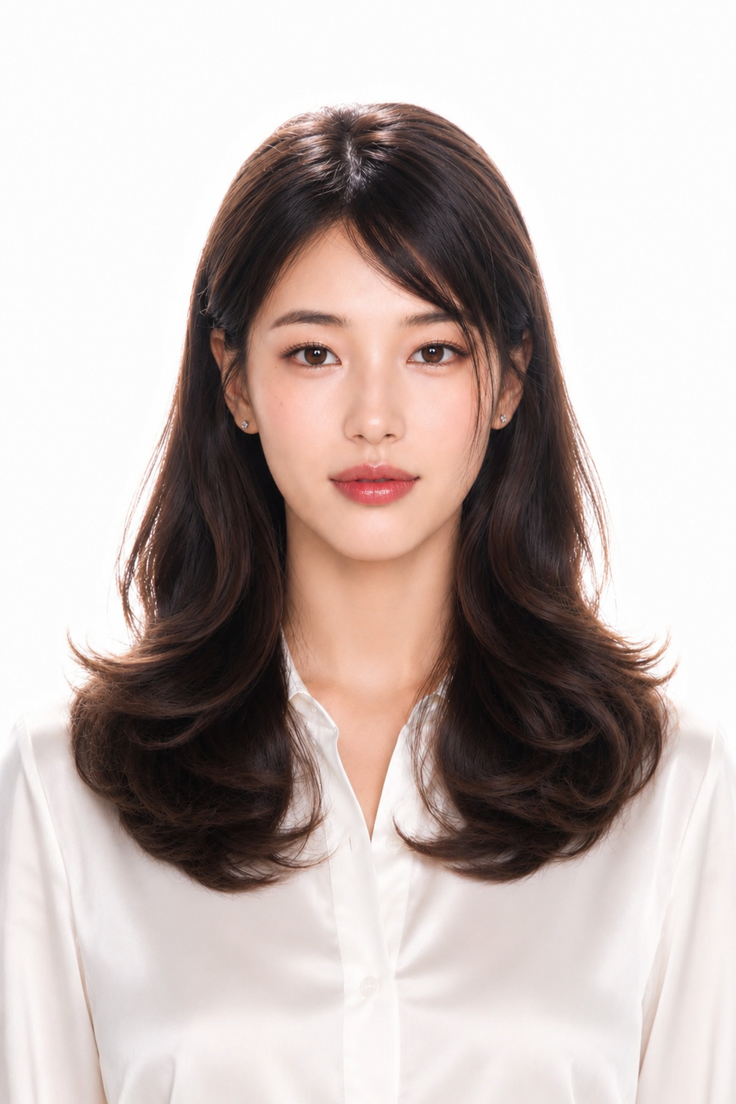 Woman with long dark hair wearing a white shirt in a studio portrait