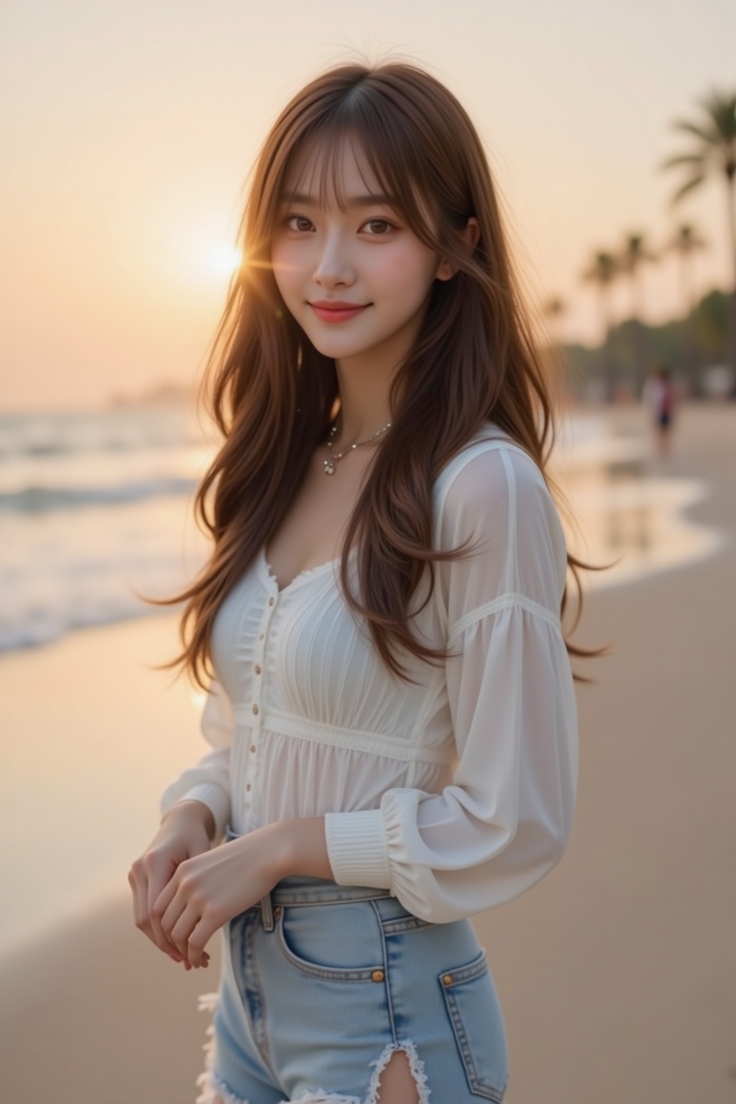 Woman with long hair in a white blouse and denim shorts on a beach at sunset