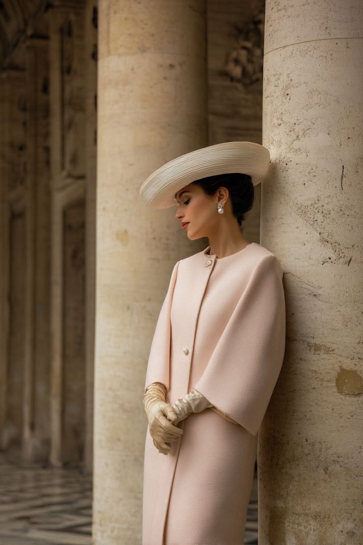Woman in a pink coat and wide brim hat leaning against a column