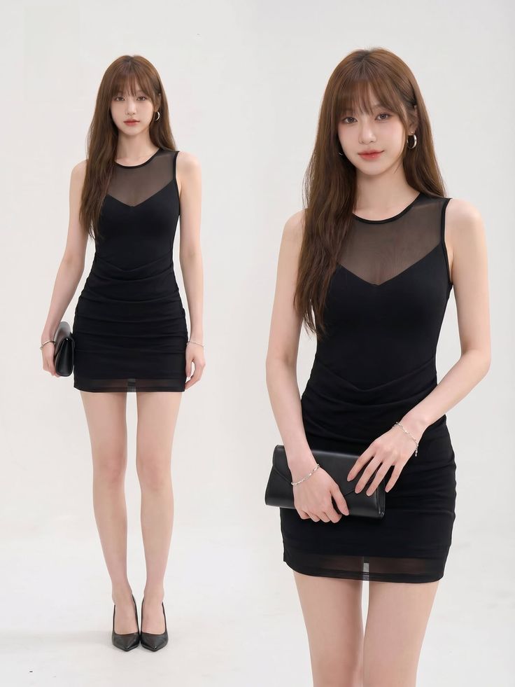 Woman in a black dress with sheer fabric and a clutch bag in a studio
