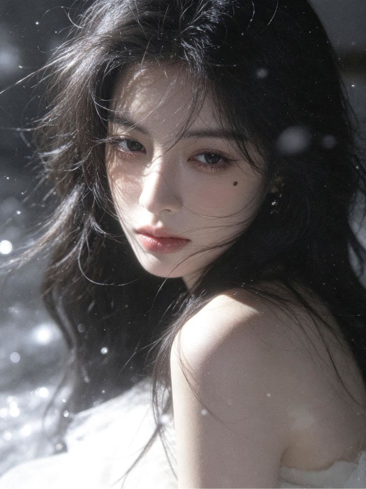 Woman with long black hair and exposed shoulder in soft lighting