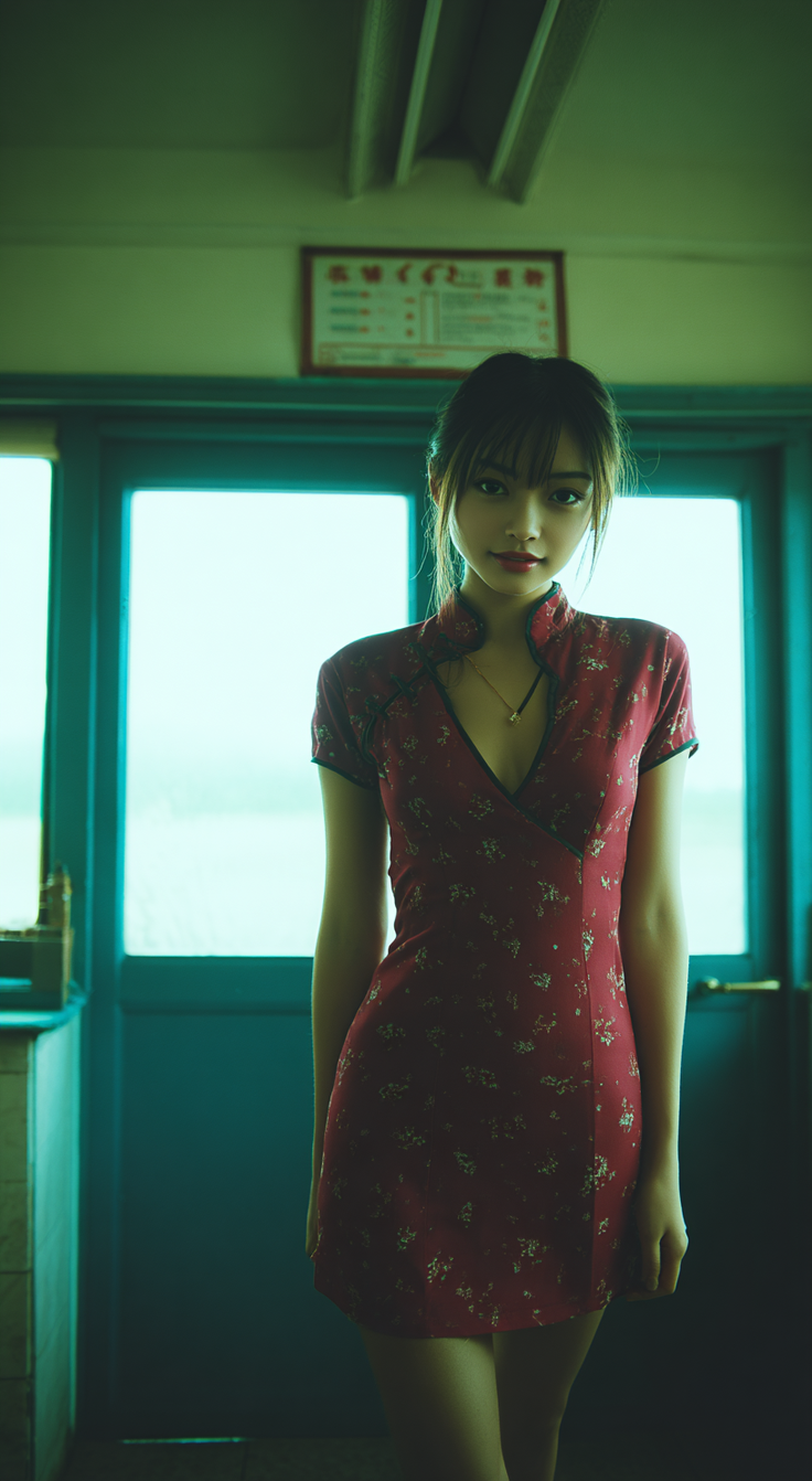 Woman in a red floral cheongsam dress standing indoors