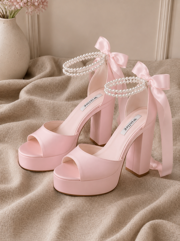 Pair of pink satin platform heels with pearl ankle straps and ribbon ties