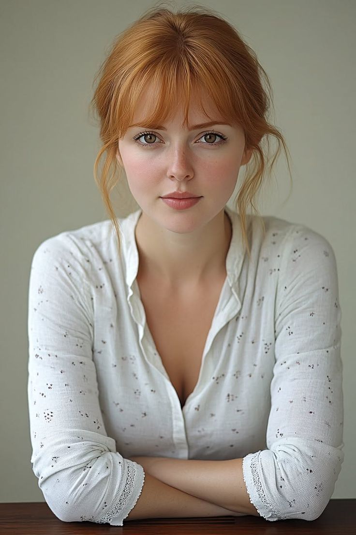 Woman with red hair and freckles wearing a white long-sleeve shirt