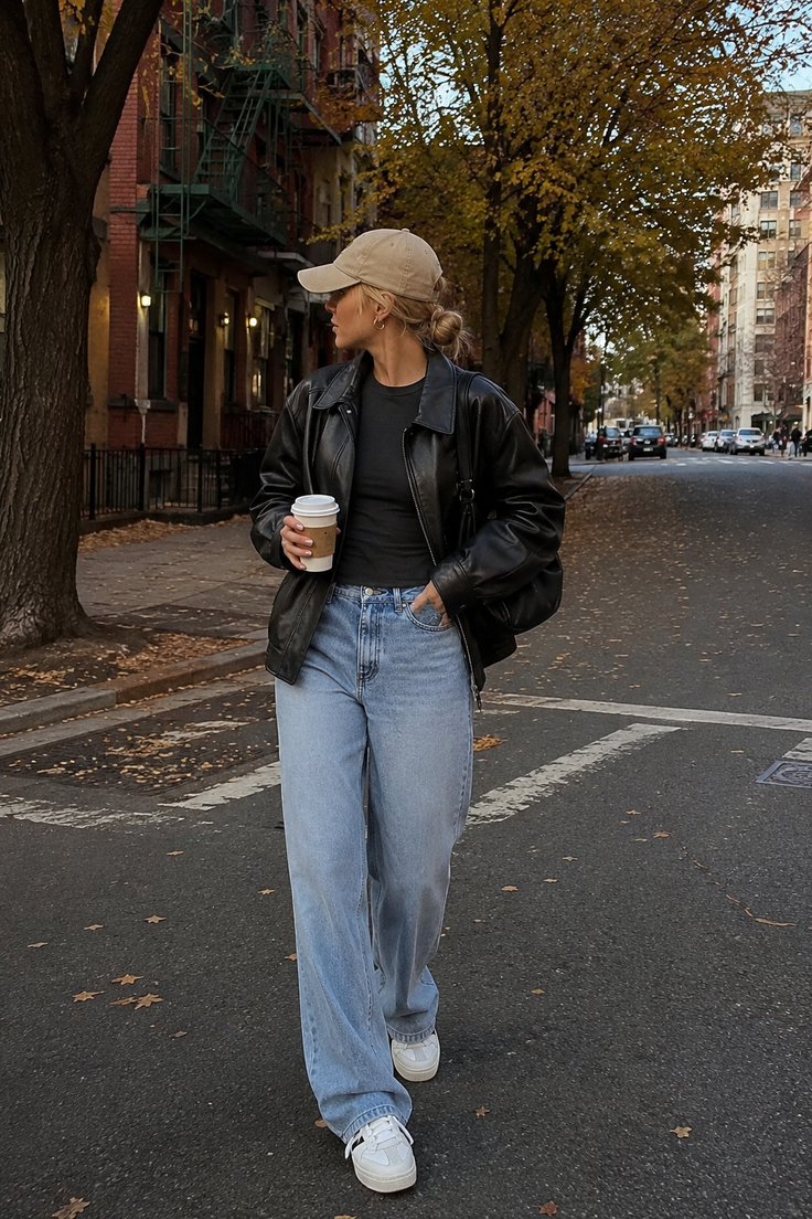 Woman in a baseball cap and leather jacket walking on a street with autumn leaves