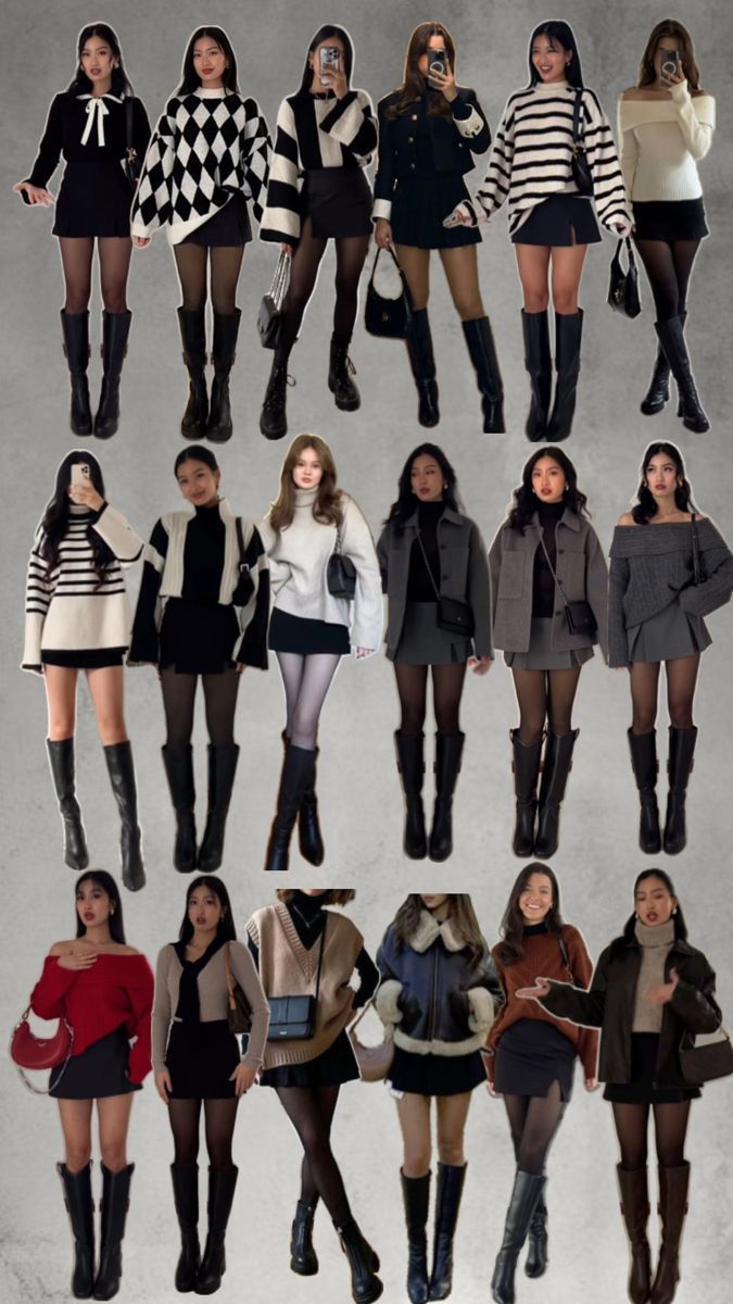 Multiple women showcasing various winter outfits with mini skirts and long boots