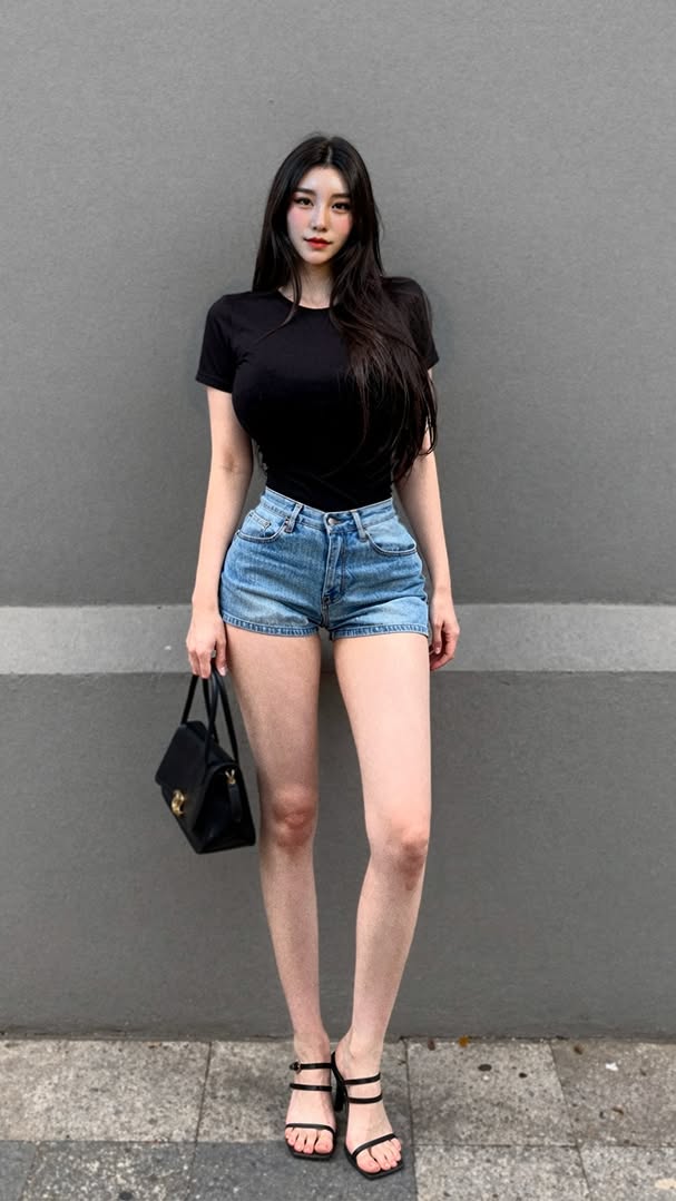 Woman with long black hair wearing a black t-shirt and denim shorts outdoors
