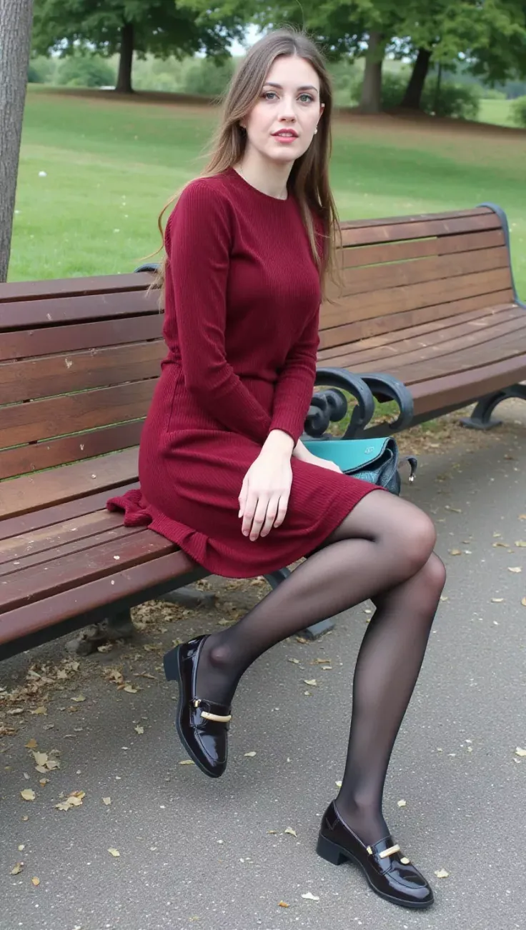Woman in a red dress and black tights sitting on a park bench