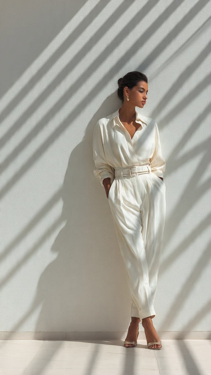 Woman in a white jumpsuit leaning against a wall with shadow stripes