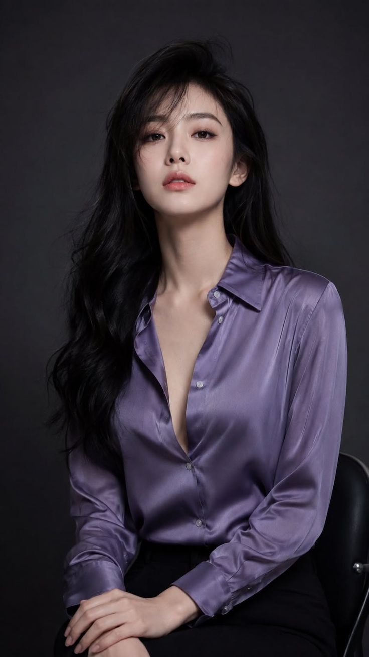 Woman with long black hair wearing a purple satin shirt with open buttons