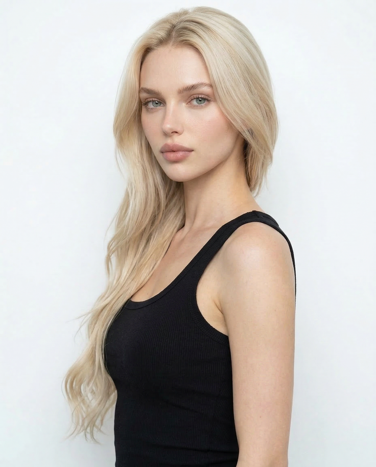 Woman with long blonde hair wearing a black tank top against a white background