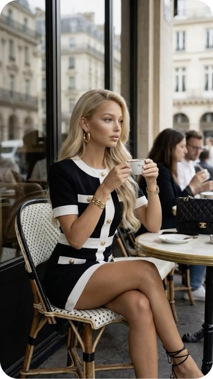 Blonde woman in a black and white dress drinking coffee at an outdoor cafe