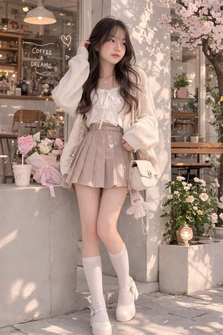 Young woman in a pleated skirt and cardigan standing outside a cafe