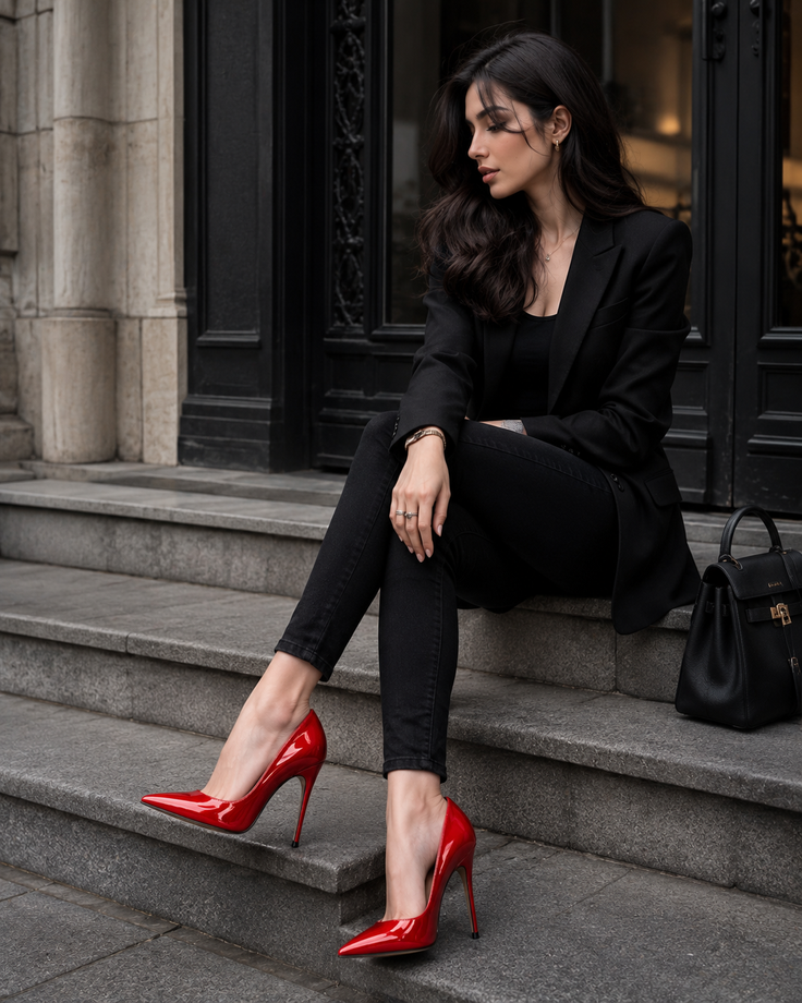 Woman in a black blazer and red high heels sitting on stone steps