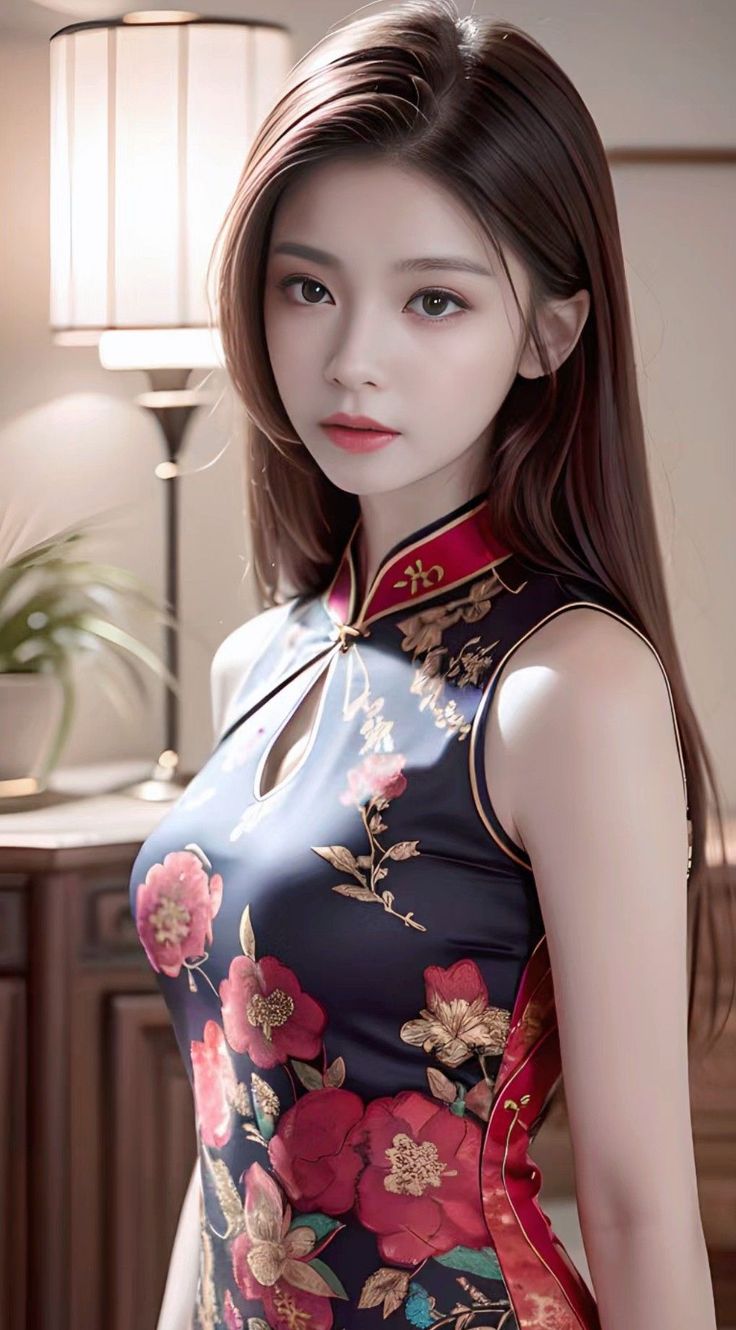 Woman in a dark cheongsam with red and gold floral patterns