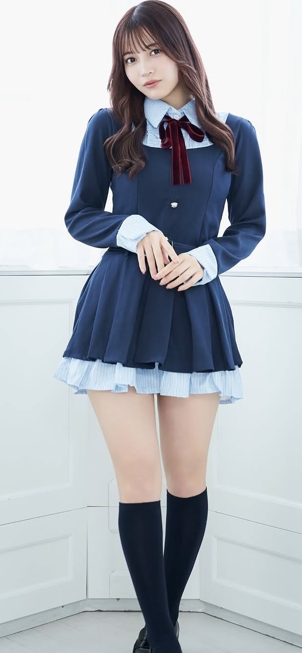 Woman in a dark blue school uniform dress with a red bow and knee-high socks