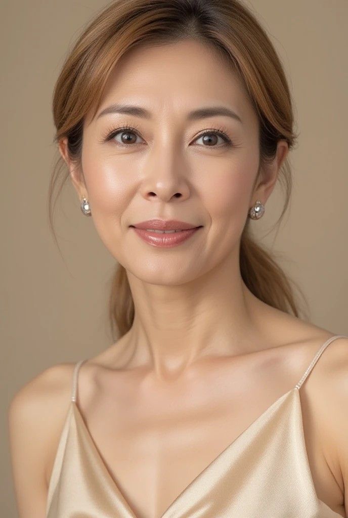 Woman with brown hair in a ponytail wearing a gold top and earrings