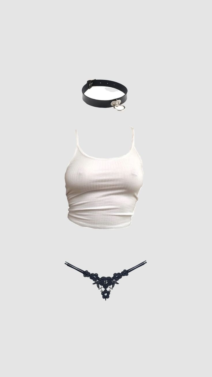 White tank top, black choker, and black thong on a plain background