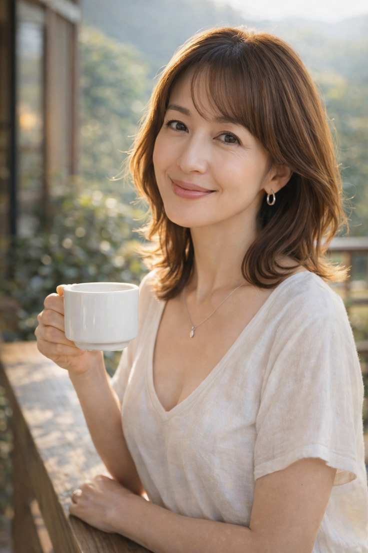 Woman with short brown hair holding a white mug outdoors at golden hour