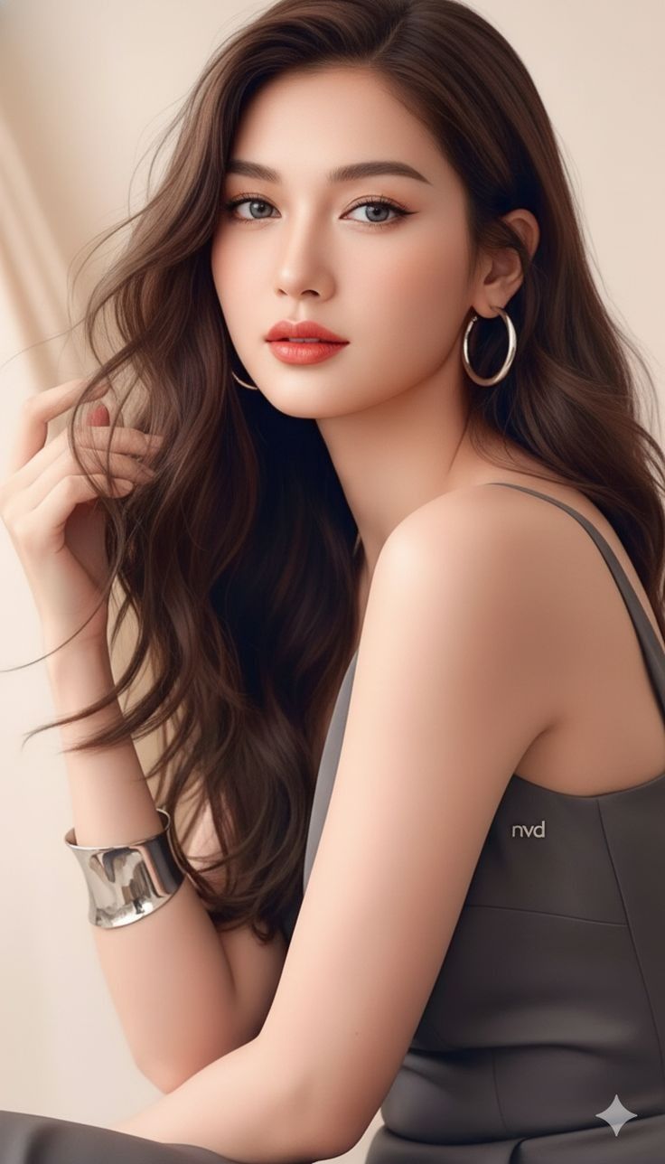 Woman with long brown hair wearing hoop earrings and a silver bracelet
