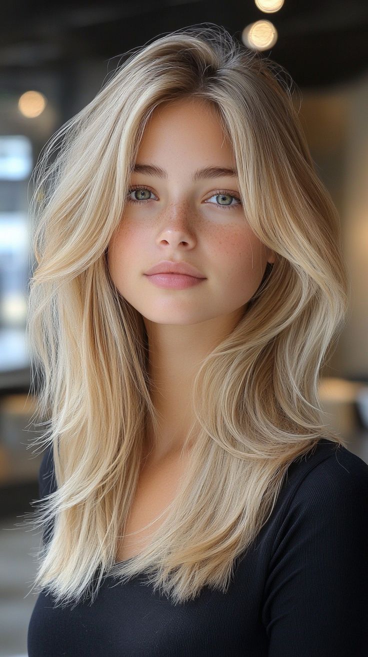 Young woman with long blonde hair, green eyes, and freckles