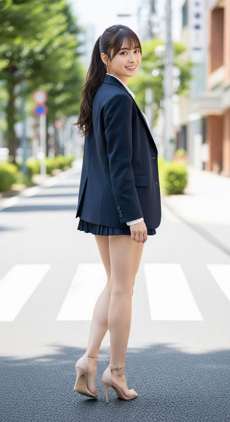 Woman in a school uniform and heels standing on a street