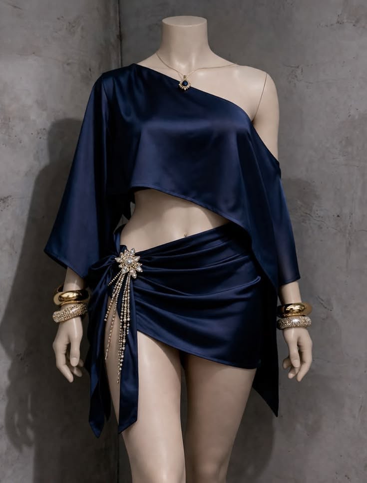 Mannequin in a navy blue satin two-piece dress with gold jewelry