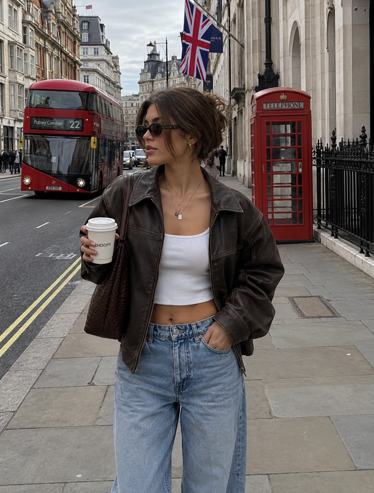 Woman in a brown leather jacket and blue jeans on a London street