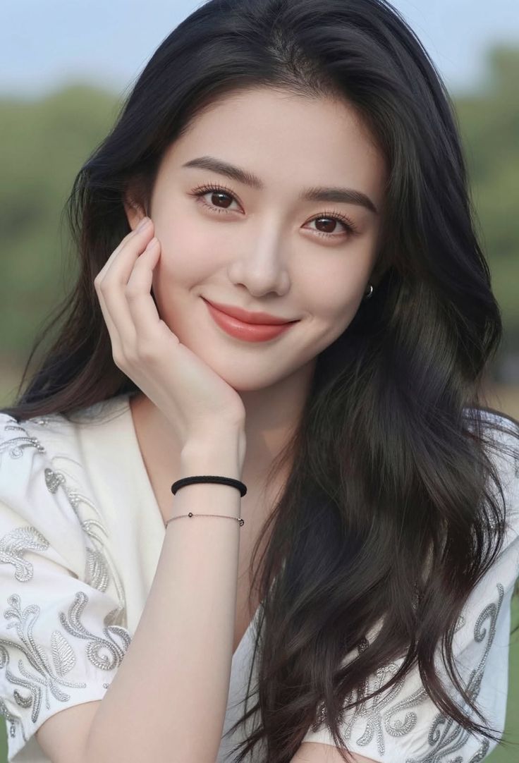 Woman with long black hair wearing a white embroidered top, smiling outdoors