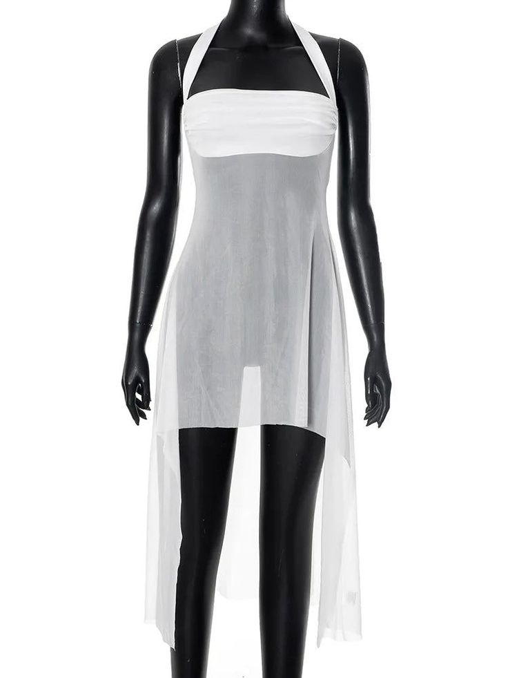 White sheer halter neck dress on a black mannequin