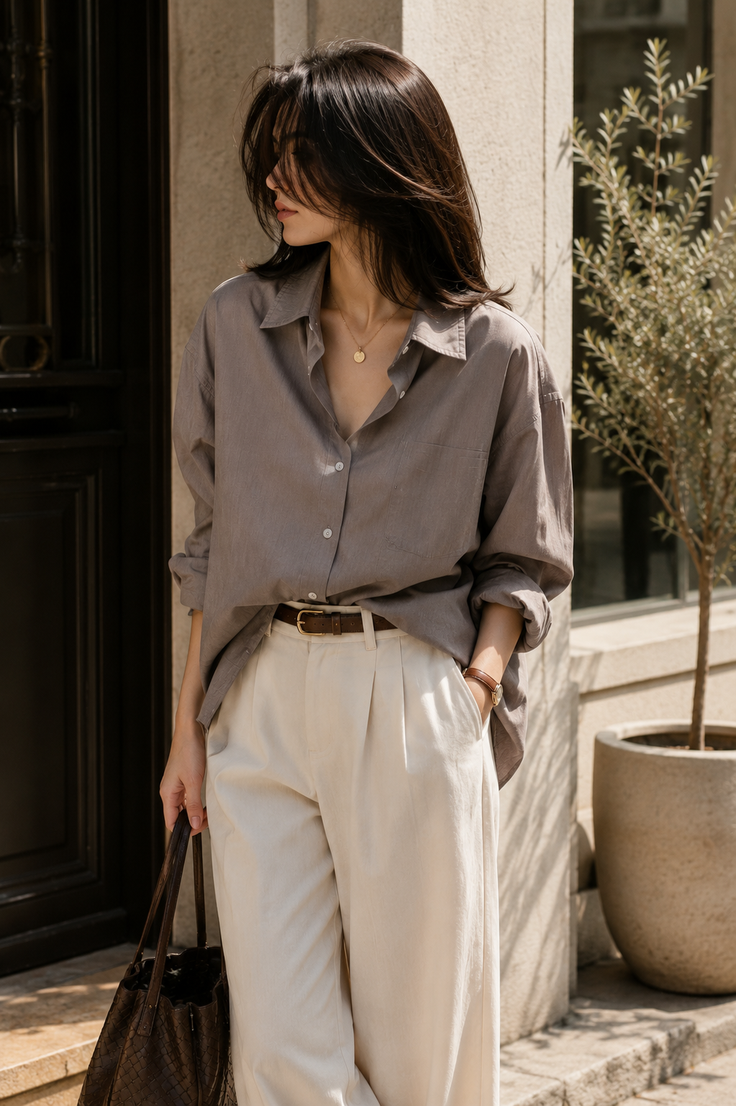 Woman with long dark hair wearing an oversized shirt and wide leg pants outdoors