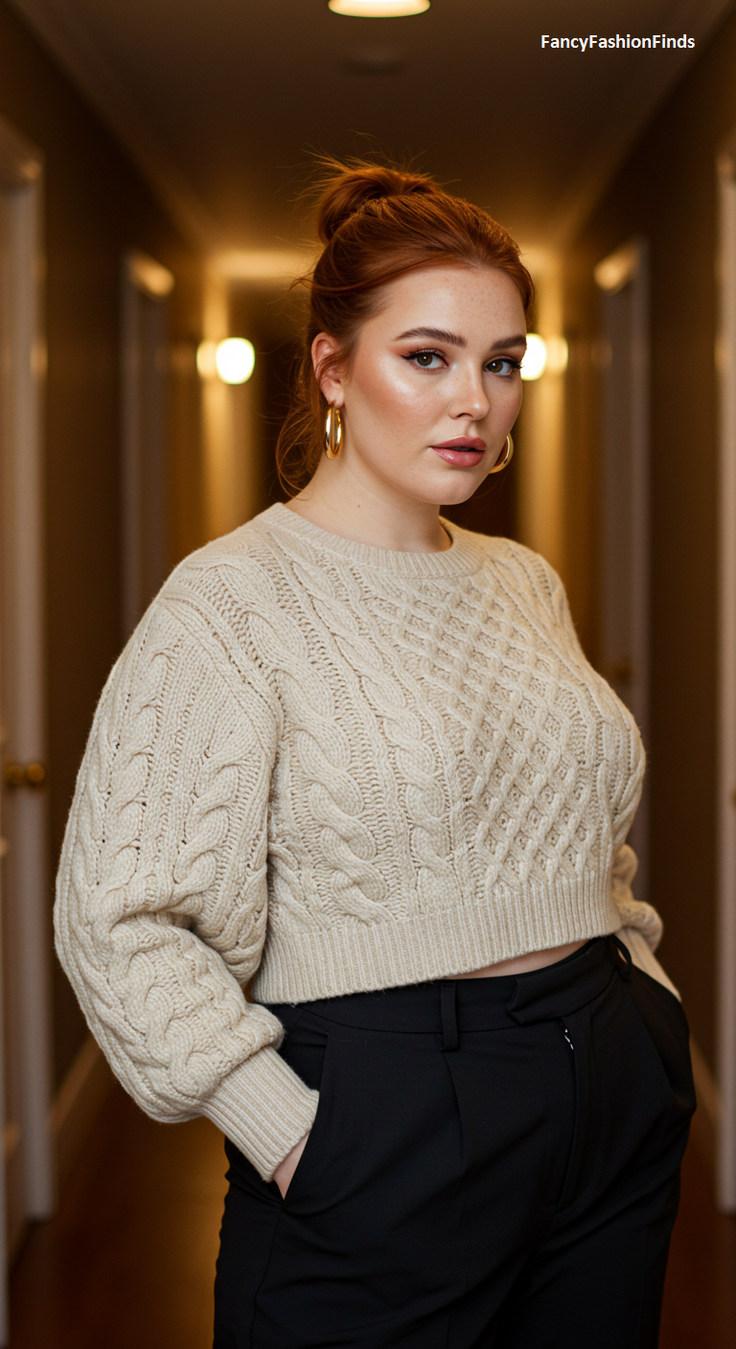 Woman with red hair in a cable knit sweater and black pants indoors