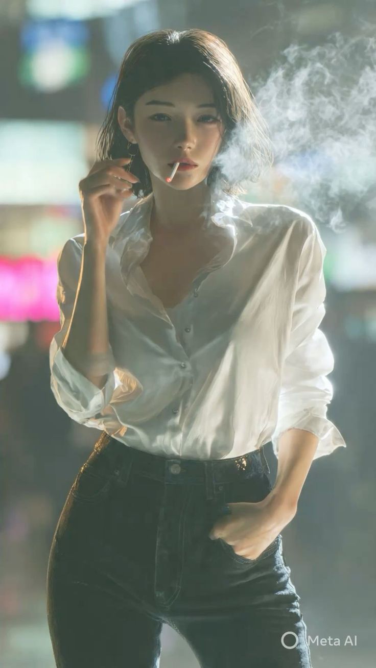 Woman with short hair in a white shirt and jeans, smoking a cigarette
